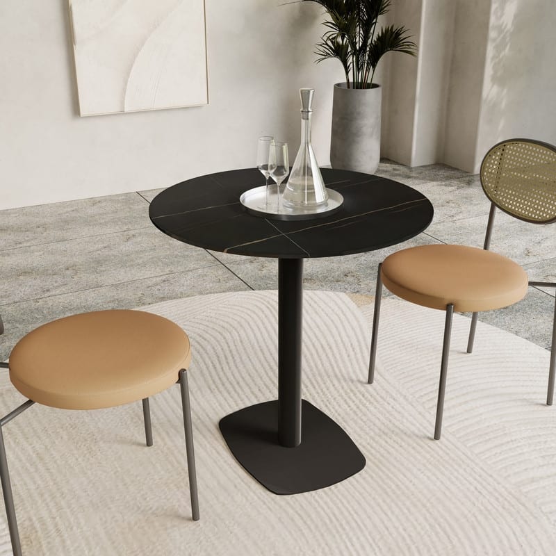 Vail Round Dining Table 27 in. Sintered Stone Tabletop in Black Stainless Steel Square Pedestal Base for Kitchen and Dining Room
