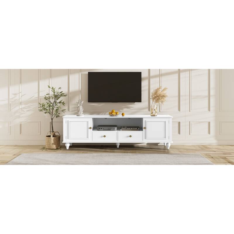70.9"TV Stand for TVs up to 80 Inches, Entertainment Center with Open Compartment, 2 Drawers, 2 Cabinets and 5 Solid Legs