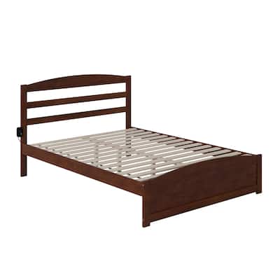 Elegance Queen Platform Bed - Walnut Finish, Hardwood & Veneer, Charging Station Headboard