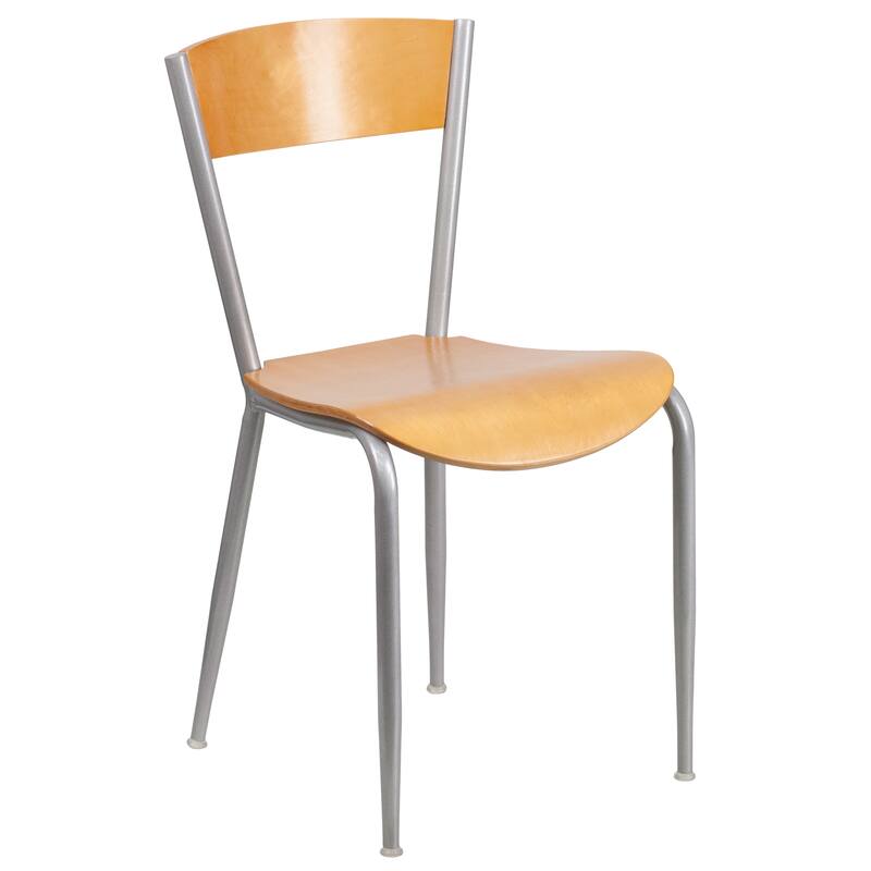 Silver Metal Restaurant Chair - Natural Wood Back & Seat - 16.75"W x 20"D x 32.25"H - 16.75"W x 20"D x 32.25"H - Natural Wood Seat/Silver Frame