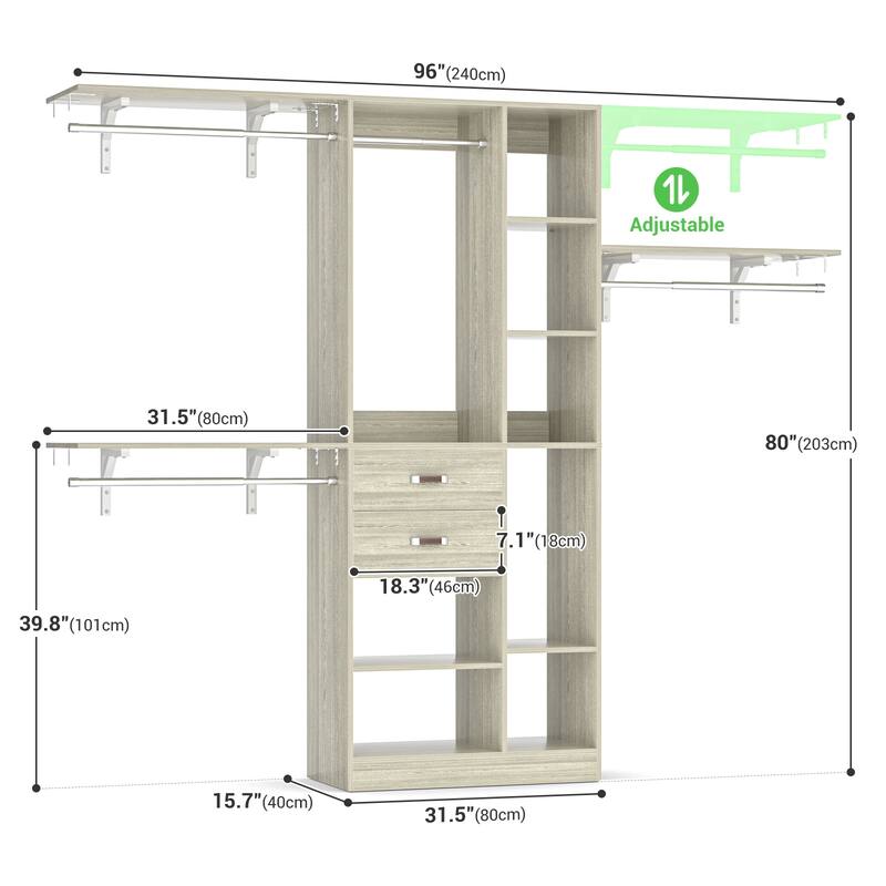 31.5'' to 96'' W Closet Organizer System with Drawers and Tower Shelves for Reach-in and Walk-in Closet