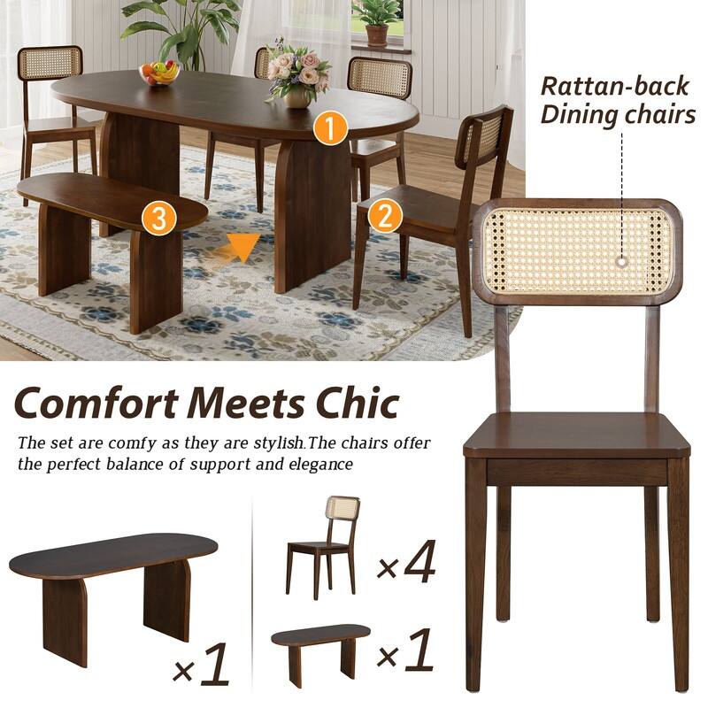Oval Dining Table Set for 6 with Rattan Backrest Chair, 6-Piece Mid Century Modern Farmhouse Table with Chairs and Bench