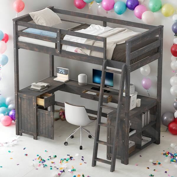slide 2 of 9, Twin Size Loft Bed with U-shaped Desk,Drawers and Storage Shelves for Home Antique Brown