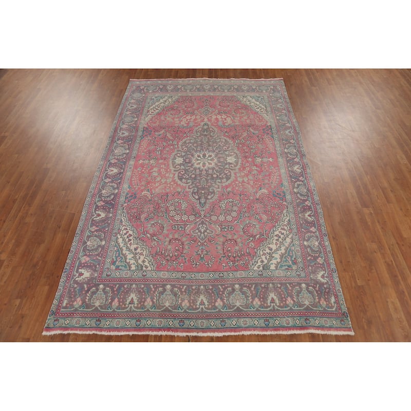 Pink Tabriz Persian Vintage Rug Hand-Knotted Living Room Wool Carpet - 6'8"x 10'6"