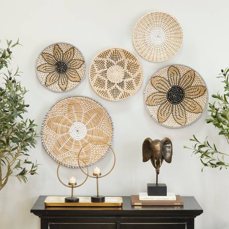 Brown Seagrass Handmade Basket Plate Home Wall Decor (Set of 5) - Brown