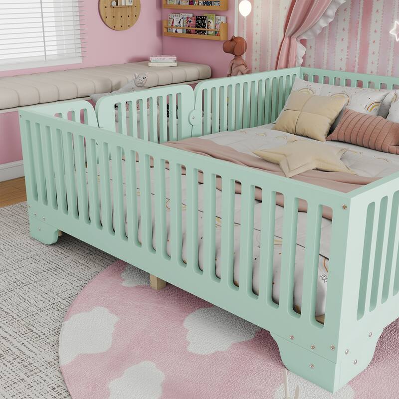 Full/Twin Montessori Floor Bed with Slats, Fence and Door, No Box Spring Needed