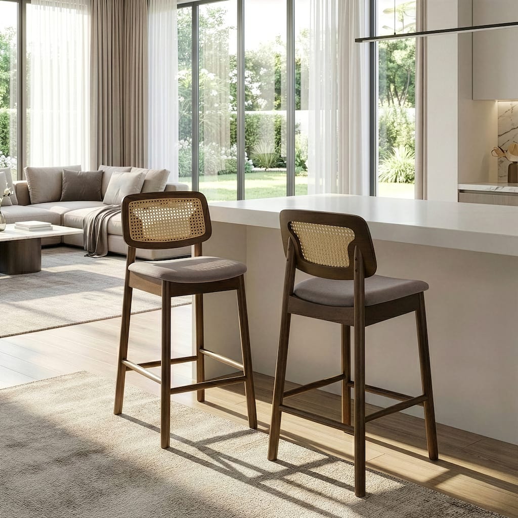 Set of 2 Azuka Gray Fabric Counter Stool with Rattan Back and Walnut Wood Legs