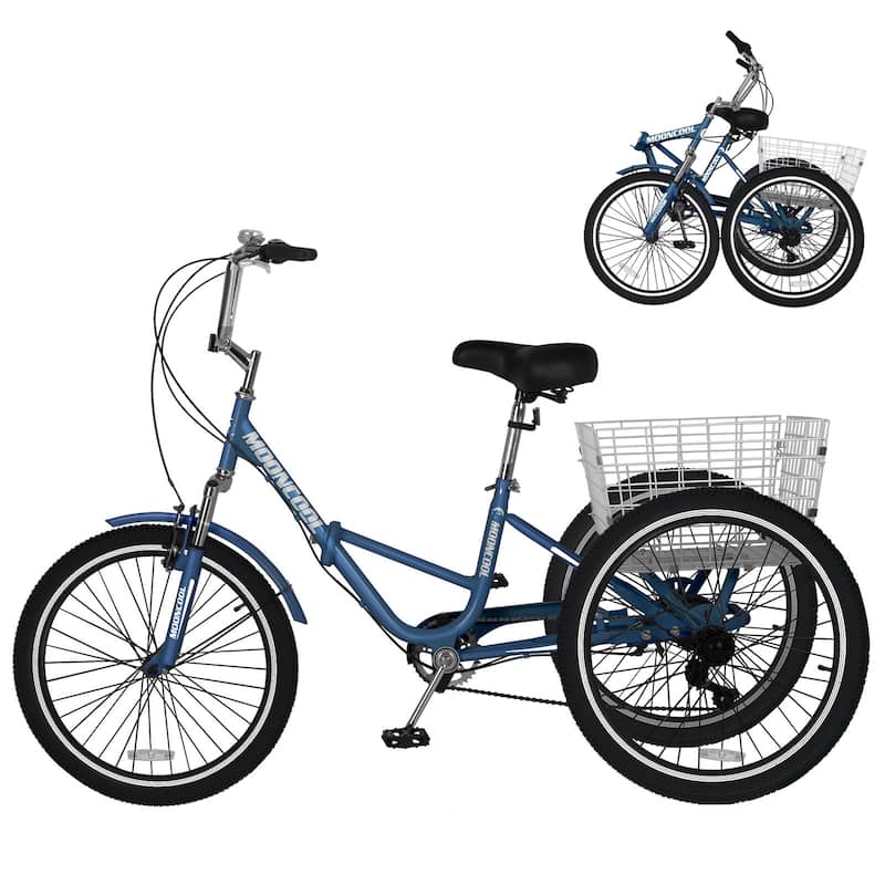 DoCred Adult Folding Tricycle, 7 Speed 3-Wheel Bicycle with Basket - 24" - Peacock Green