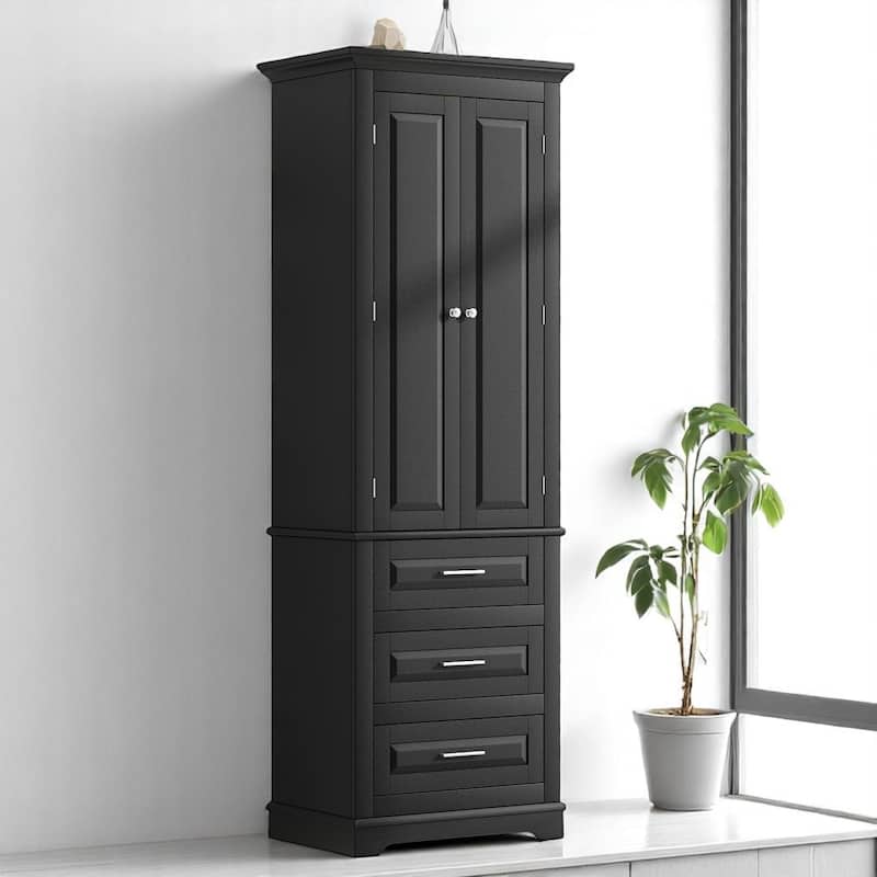 Vertical Bathroom Cabinet with 3 Drawers, 2 Doors, Adjustable Shelf, Anti-Tip Kit, MDF Storage Unit - Black
