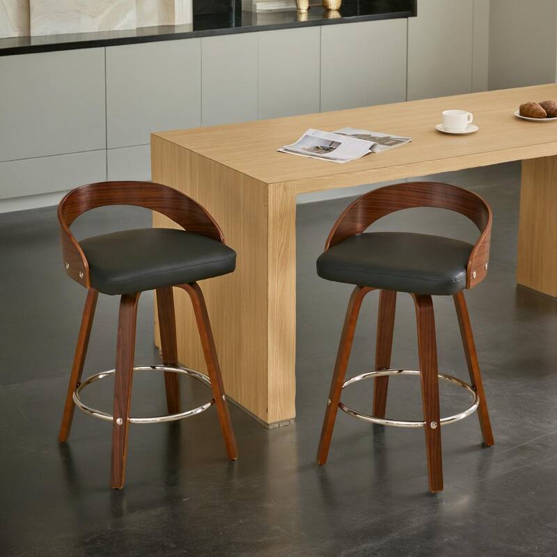 Bar Stools Set of 2, Swivel Bar Height Stools with Low Back, Wood Bar Chairs with Soft Cushion Seat, 25-Inch Seat Height