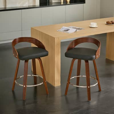 Bar Stools Set of 2, Swivel Bar Height Stools with Low Back, Wood Bar Chairs with Soft Cushion Seat, 25-Inch Seat Height
