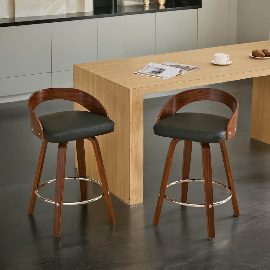 Bar Stools Set of 2, Swivel Bar Height Stools with Low Back, Wood Bar Chairs with Soft Cushion Seat, 25-Inch Seat Height