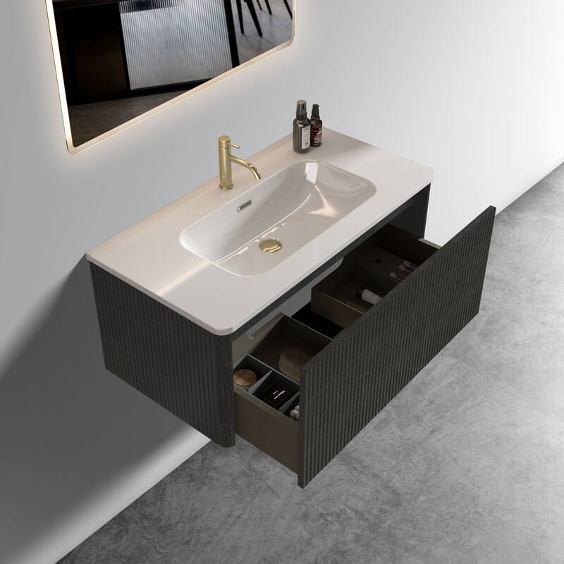 36" Etna Floating Vanity with White Ceramic Sink, Striped Black Oak Texture, Curved Edges