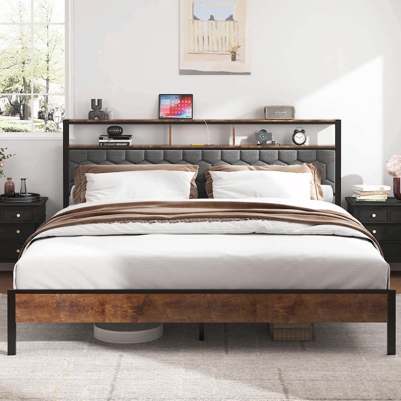 Vintage Shelf Headboard Bed - Built-in USB Ports