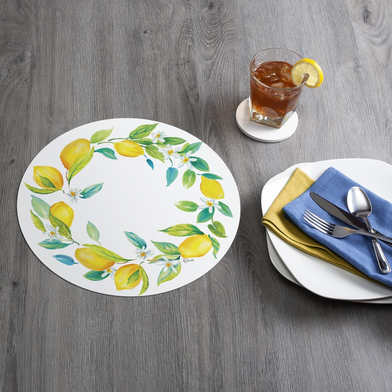 Reversible Wipeclean Round Shaped Placemats Set of 4 Lovely Lemons