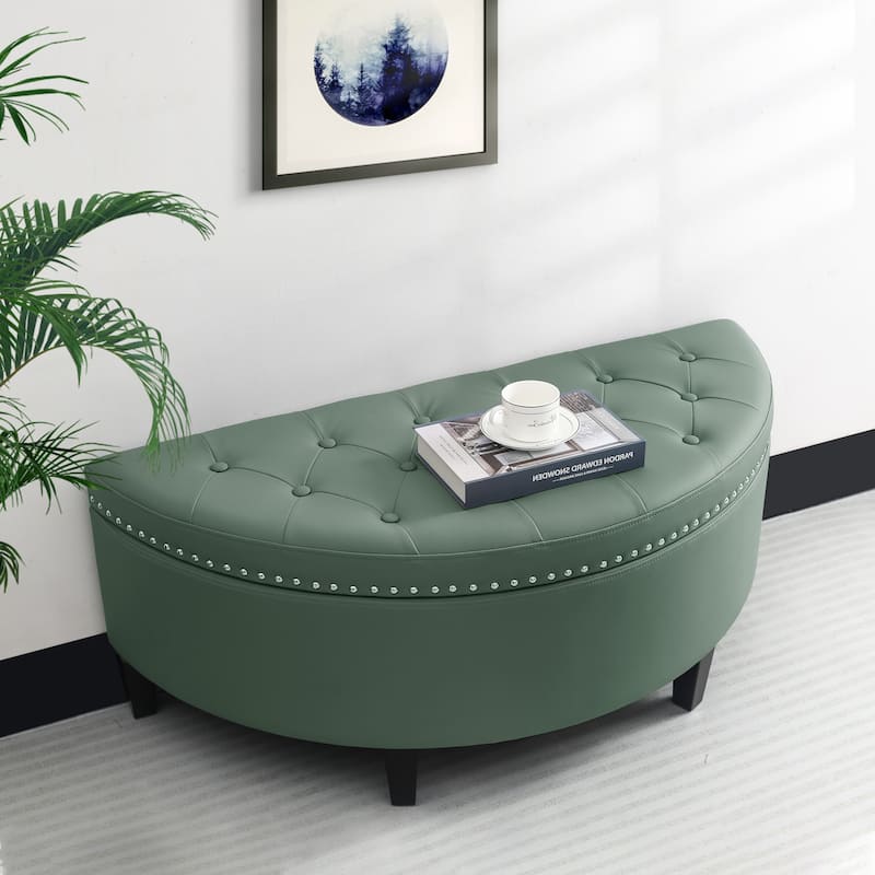 Adeco Half Moon Storage Ottoman Semi Circle Bench - Green