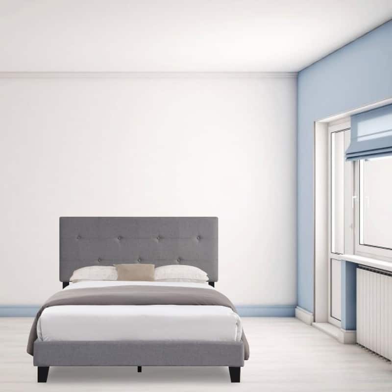 Modern Button platform bed Gray queen headboard Linen bed slats