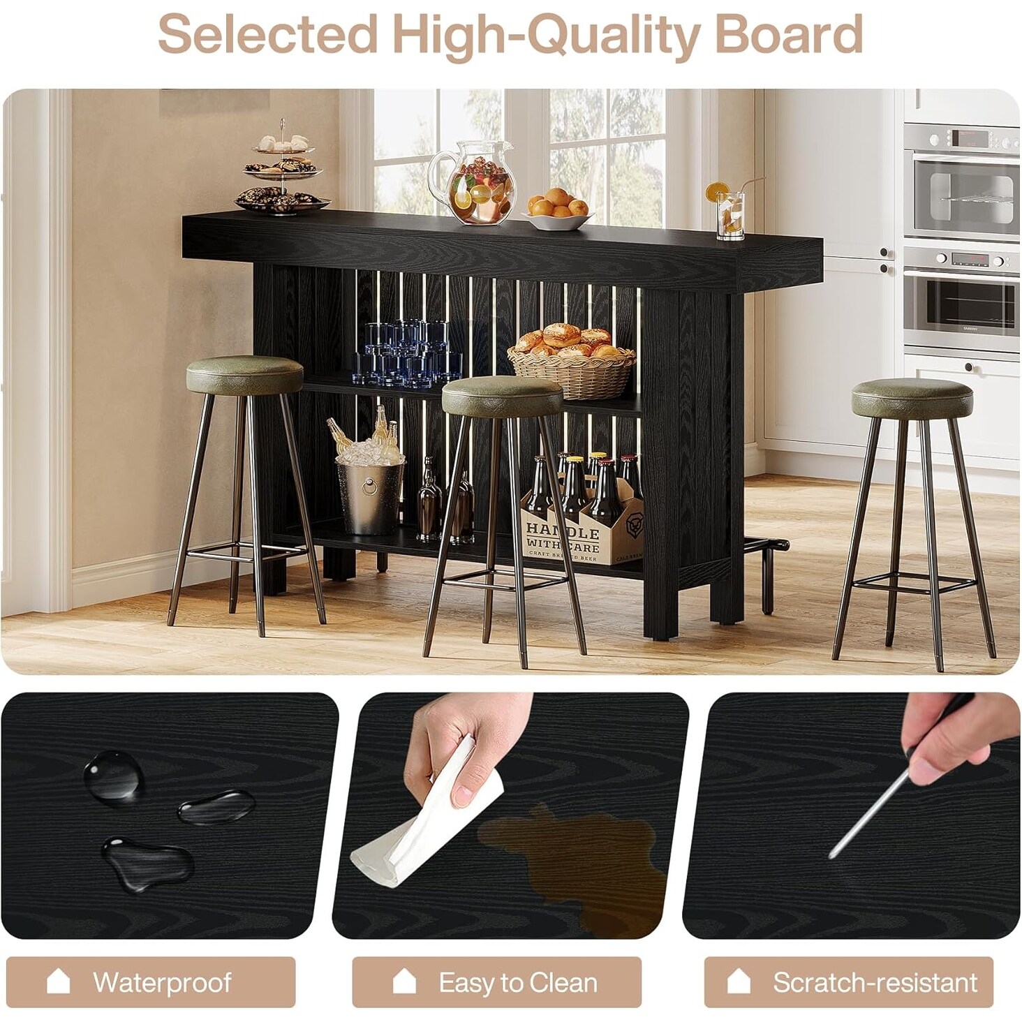 Modern Black MDF Home Bar Table with Storage Shelves and Footrest