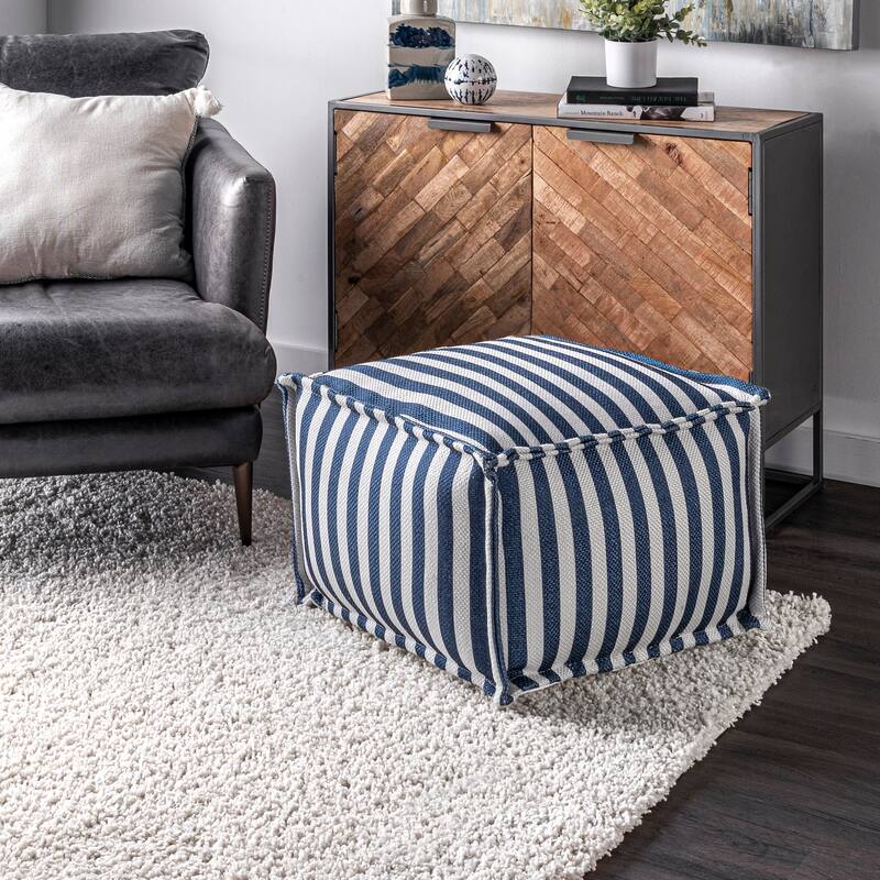 Nuloom Porto Printed Striped Indoor/Outdoor Ottoman Pouf - Blue