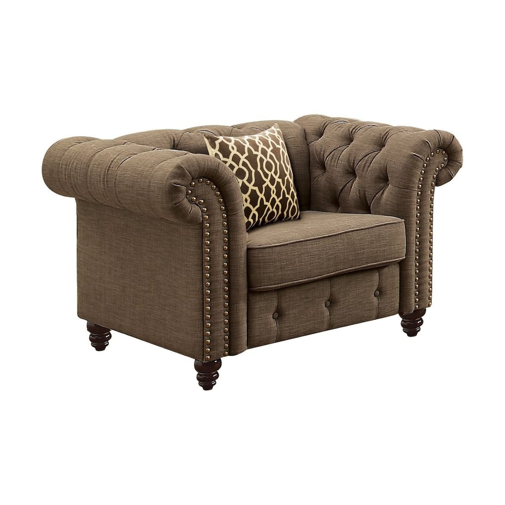 Transitional 29" Linen Upholstered Button Tufting Chair with Wooden Turned-Bun Legs amd Nailheads