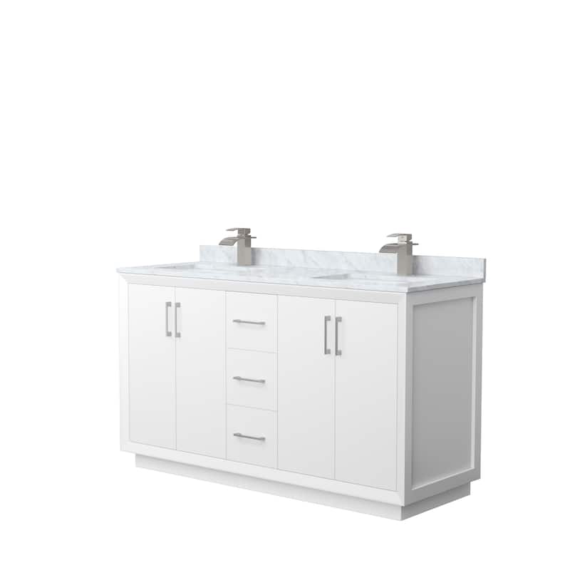 Strada 60-Inch Double Vanity Set, Carrara Marble Top - White, Nickel Trim, Carrara Marble Top
