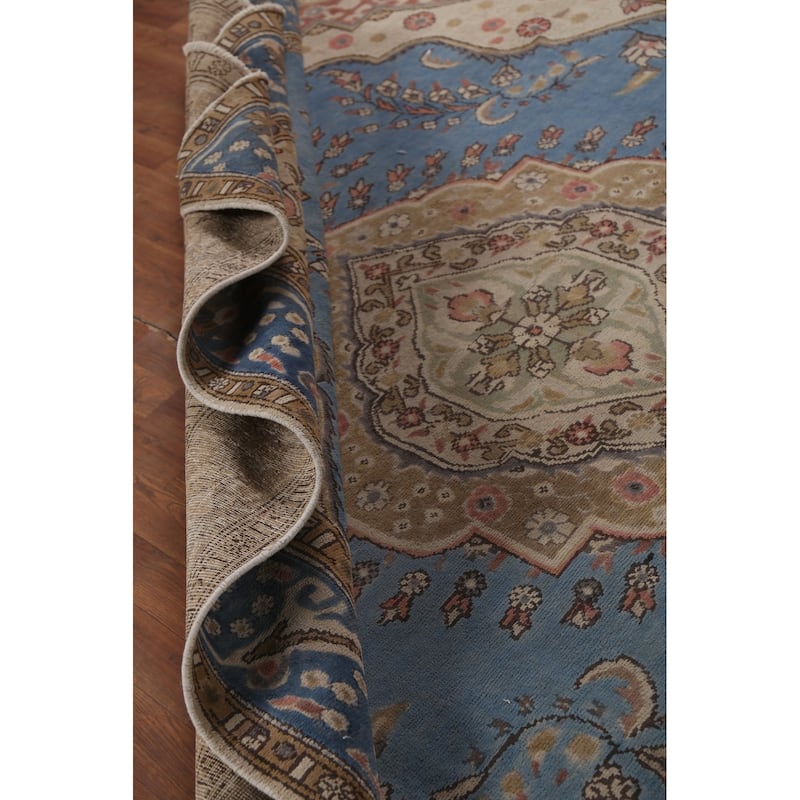 Blue Geometric Tabriz Persian Vintage Rug Hand-Knotted Wool Carpet - 8'2"x 10'9"