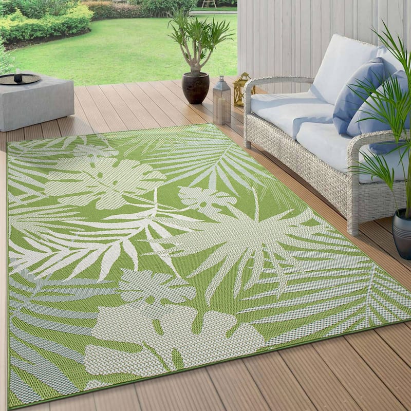 Contemporary Tropical Leaves Indoor/Outdoor Flatweave Waterproof Backyard Patio Area Rug