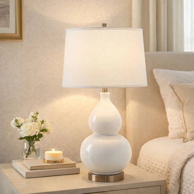 Roe Table Lamp, White Linen Shade, White Gourd Ceramic Body, 26 Inch