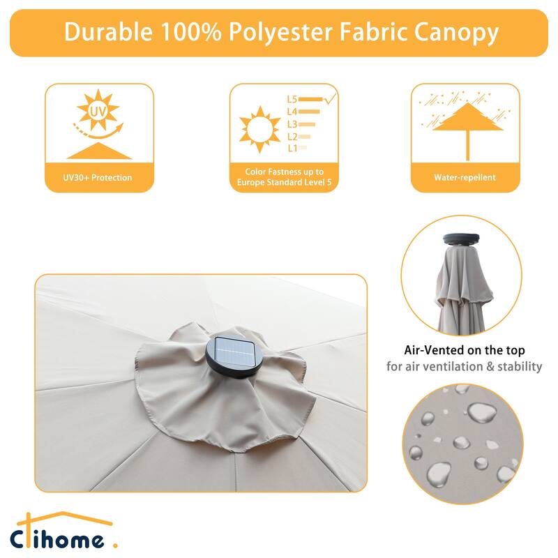 Clihome 9-Ft Outdoor 32 LED Solar Market Umbrella with Tilt & Crank