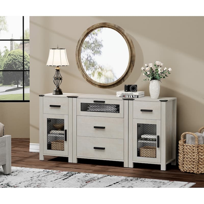 WAMPAT TV Stand with 5 Drawers and 2 Door Storage, Dresser Organizer Units with Adjustable Shelf - 1 Pack
