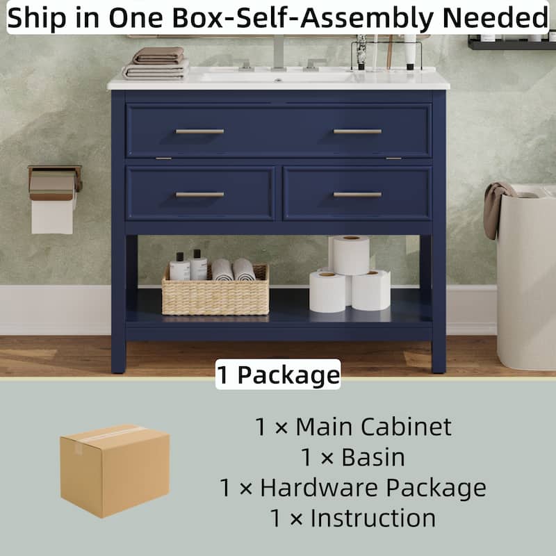36" Vanity with Ceramic Sink,Vanity with Tip-Out Tray and 2 Full-Extension Drawers,Pulls and Close Drawer Slides Design