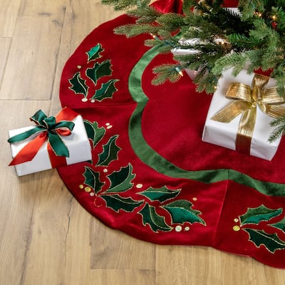 48" Red and Green Velveteen Holly Christmas Tree Skirt - 48