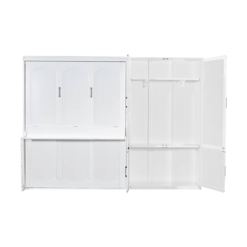 Space-Saving Queen Size Murphy Wall Bed with Built-In Closet and Hydraulic System, White/Gray