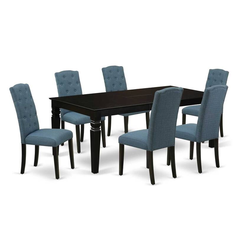 7Pc Dinette Set - Rectangular Kitchen Table with Leaf & 6 Parsons Chairs - Black & Blue - 84