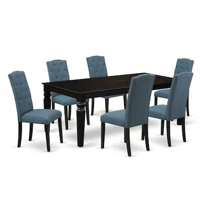 7Pc Dinette Set - Rectangular Kitchen Table with Leaf & 6 Parsons Chairs - Black & Blue - 84