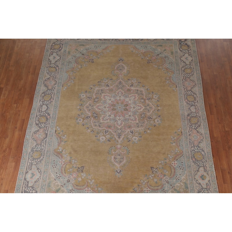 Hand Knotted Oriental 100% Wool Carpet Traditional Medallion Yellow & Gold Tabriz Area Rug - 11' 0'' X 8' 3''