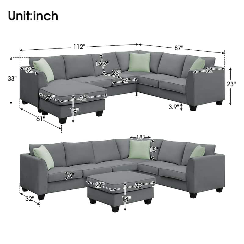 L Shape Sectional Sofa Couches 7 Seats with Ottoman and 3 Pillows