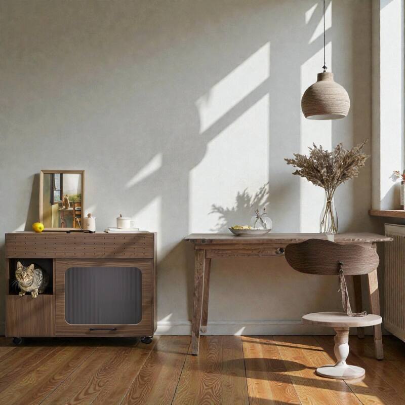2-in-1 Cat Litter Box Enclosure Walnut Side Table, Modern Storage Cabinet with Hidden Litter Area & Wheels for Living Room