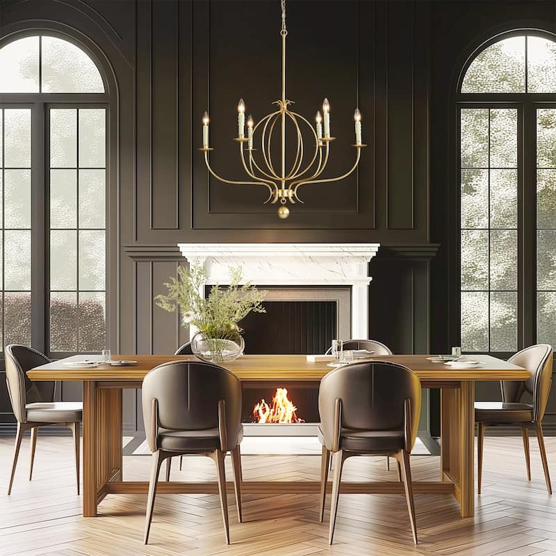 6-Light Mid-Century Modern Linear Sputnik Gold Leaf Chandelier for Living/Dining Room - 33.4 in. W x 37.8 in. H