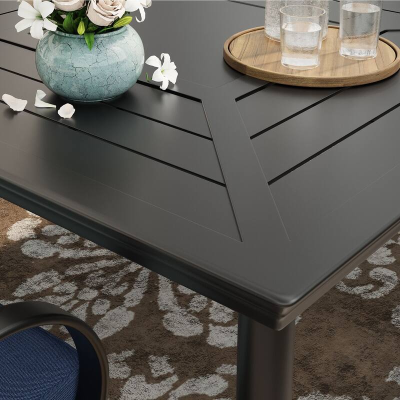 Hanover Montclair 9-Piece Dining Set in Navy Blue with 8 Swivel Rockers and a 42-In. x 84-In. Table