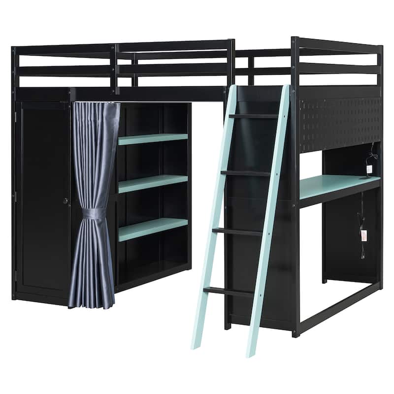 Full Size Wood Loft Bed with, Wardrobe, Shelves, Blackout Curtains, and RGB Lights