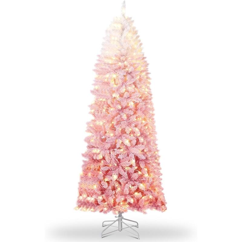 6FT Purple Gradient Pencil Christmas Tree – Prelit with 100 Dual Color LEDs, Snow Flocked, 320 Branch Tips,Metal Stand - 4.5 Foot - WHITE&PINK