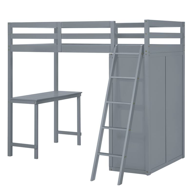 Solid Pine Loft Bed with Wardrobe, Desk, Shelves, and Guardrail