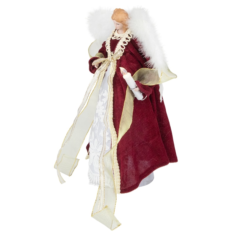 14" Burgundy and White Angel with Lighted Candle Christmas Tree Topper - 14