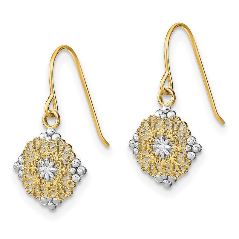 Curata 14k Yellow Gold Mini Filigree Medalion Wire Earrings - 10x19.5mm