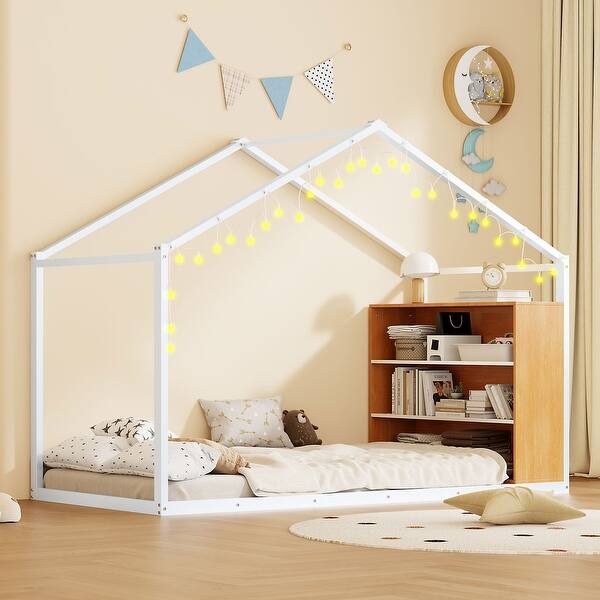 slide 2 of 25, Twin Size Metal House Bed Frame with Cozy LED Lights and Side Shelves, Playhouse Bed for Kids with Roof Design, White White