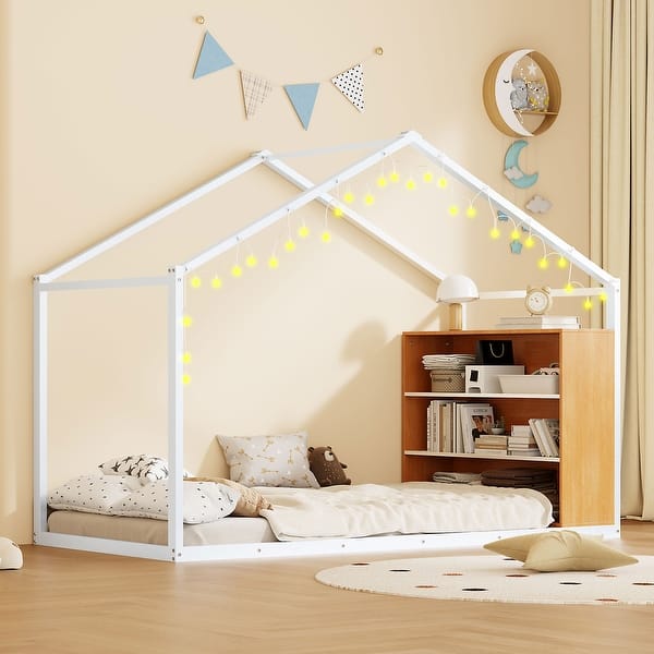 slide 2 of 25, Twin Size Metal Wood House Bed Frame with Shelves and Lights for Kids Twin - White