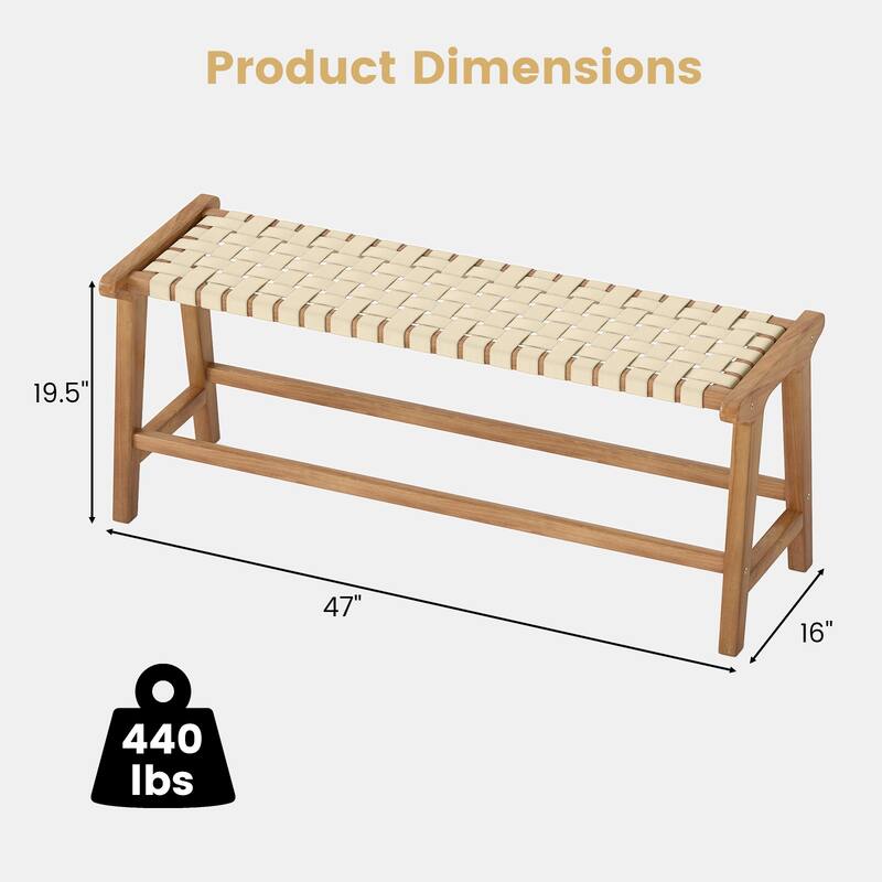 Natural-Beige Teak Wood Patio Bench with Woven Seat - 47" x 16" x 19.5"