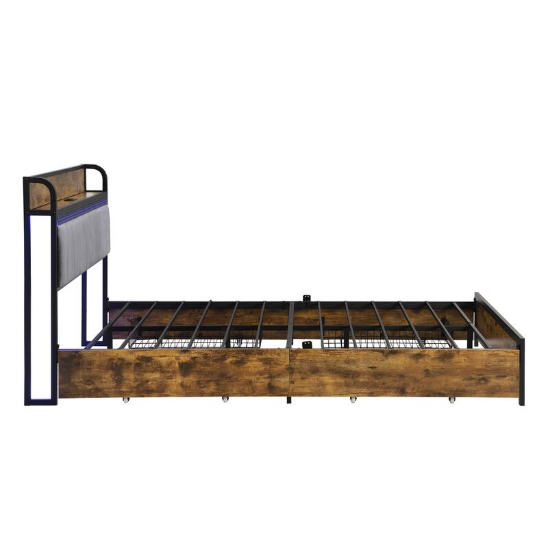 Full Size Metal Platform Bed with 4 Storage Drawers, LED Lights & Charging Station