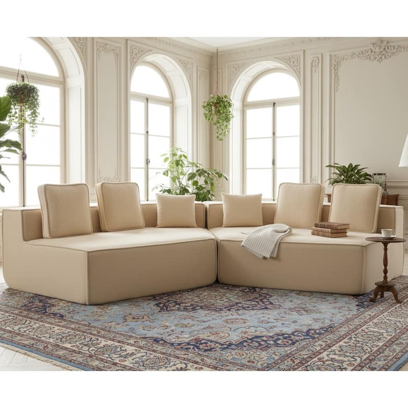 132"Oversized Teddy Fabric Modular Sectional Sofa,Full-Foam Cushion Design with Ultra Soft Feel with Six Cushions - Beige